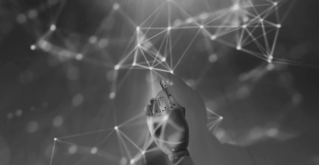 This image of a robotic had amid an illuminated matrix our discussion topic: AI and risk management for modern businesses.