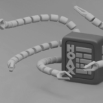 This image of a robot with the word "hoax" on it illustrates our discussion topic: AI and risk management for modern businesses.