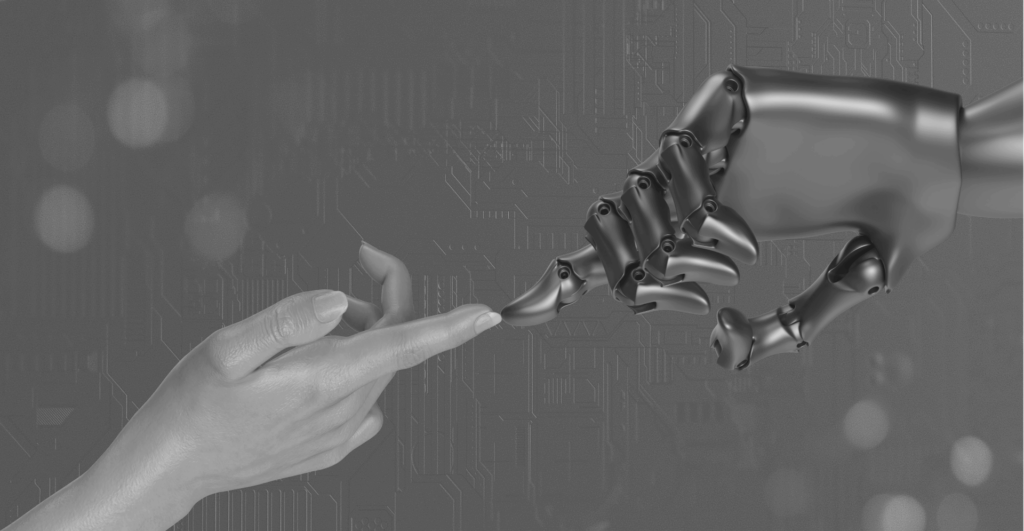 This image of a human hand touching index fingertips with a robotic hand illustrates our discussion topic: AI, the practical applications for brand protection, and EBRAND's new DeepVision tools.