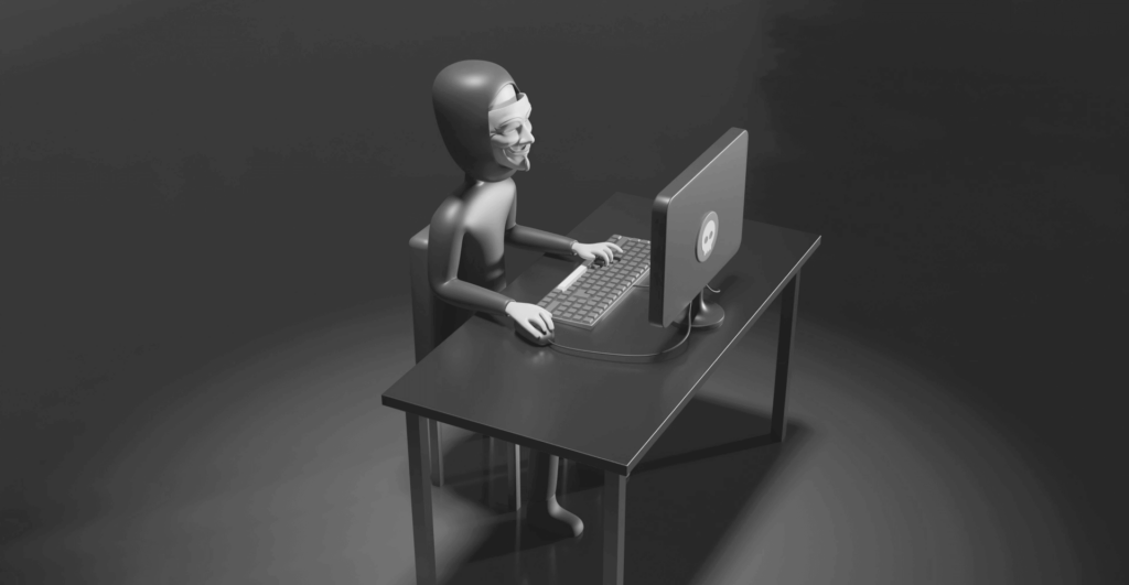 This image of a masked man at a computer illustrates our discussion topic: generative ai and brand protection.