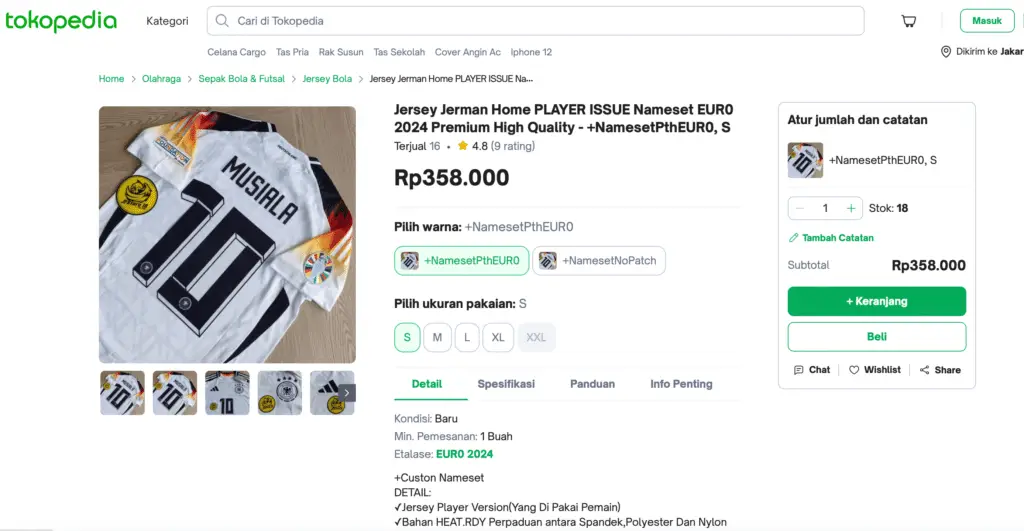 This screenshot of a tokopedia counterfeit listing demonstrates our discussion topic: the financial aspect of online scams and brand protection at Euro 2024.